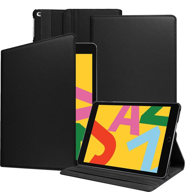 A black Apple iPad case, made of polymer and synthetic leather. The iPad is tilted and propped in a landscape position by the case.    