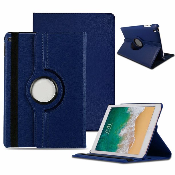 A blue Apple iPad case, made of polymer and synthetic leather. The iPad is tilted and propped in a landscape position by the case. 