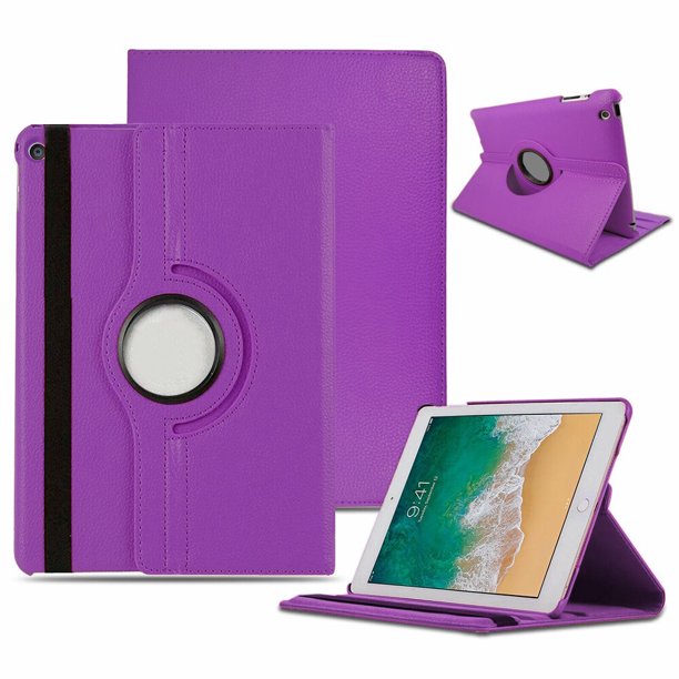 A purple iPad case, made of polymer and synthetic leather. The iPad is propped and tilted in a landscape position by the case. 