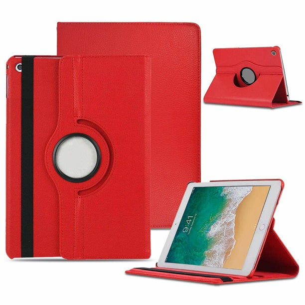 A red Apple iPad case, made of polymer and synthetic leather. The iPad is propped and tilted in a landscape position by the case. 