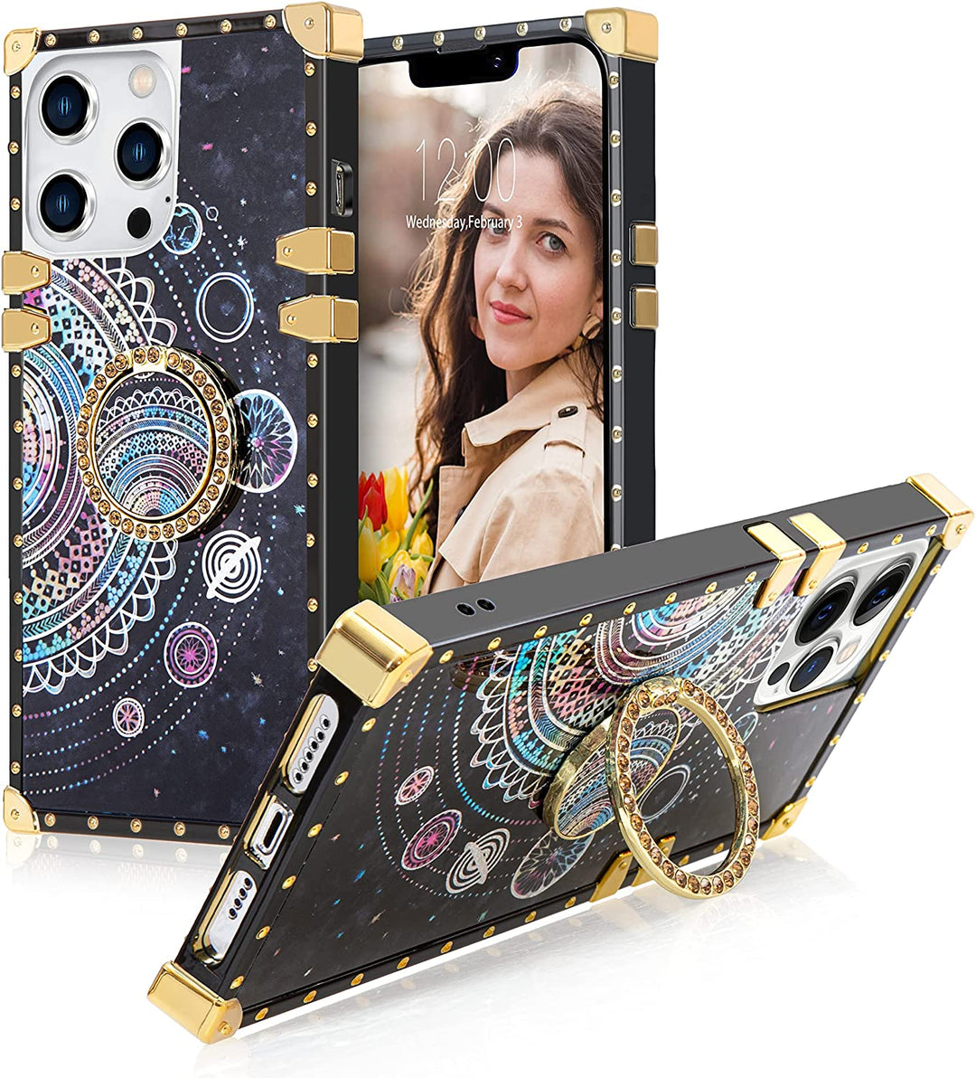 A box-shaped TPU case with gold corner bumpers and gold rivets on its black borders. The case’s back design has a white solar system outline in a black-blue-purple cosmic backdrop. The case also has a gold ring handle that doubles as a holder and kickstand. #color_holo-black-solar-system