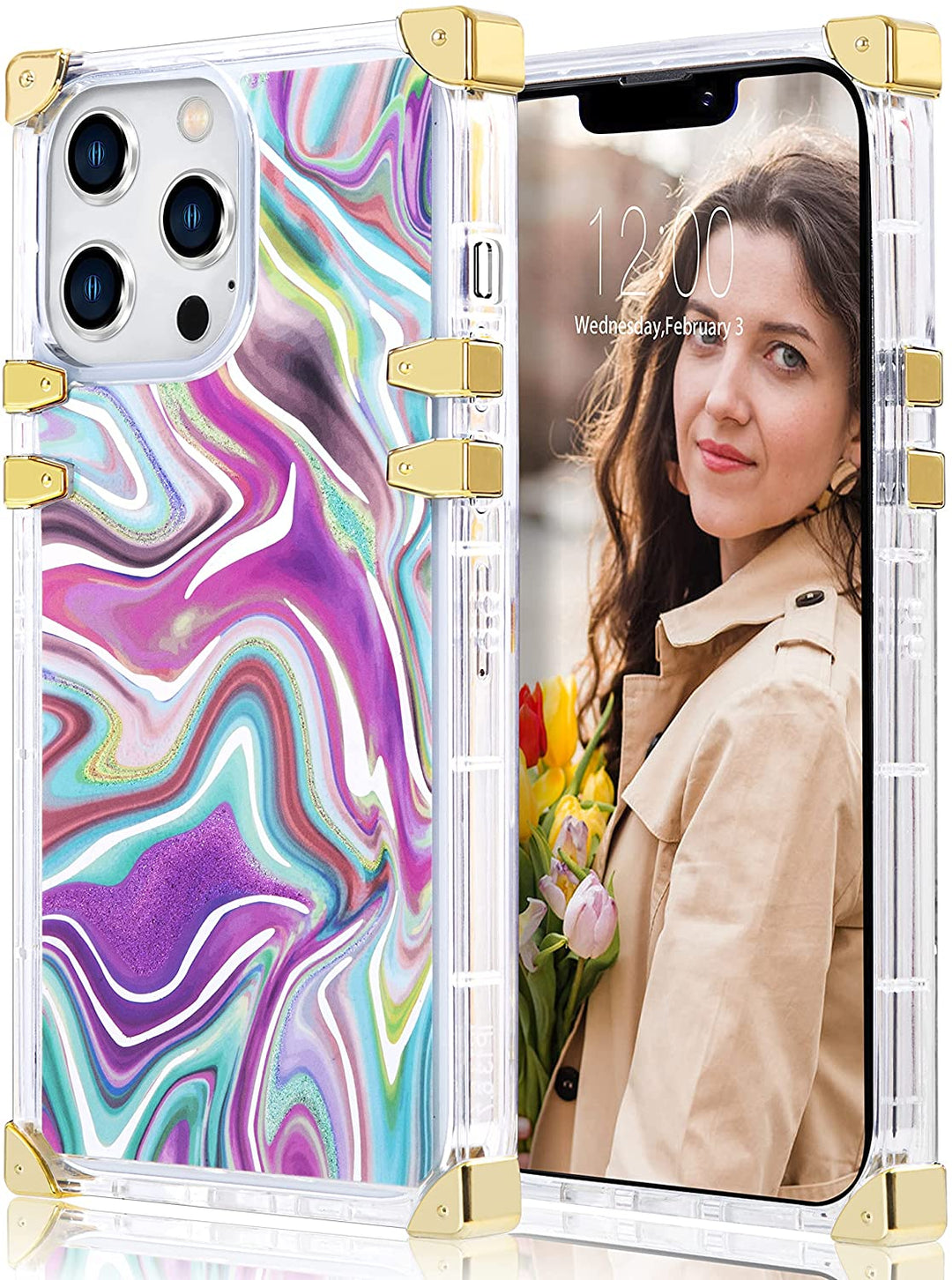 An Apple iPhone 13 Pro Max TPU case, rectangular-shaped, gold corner bumpers, clear trim, and pink-white-purple oil patterns. #color_oil-slick-rippling-pink