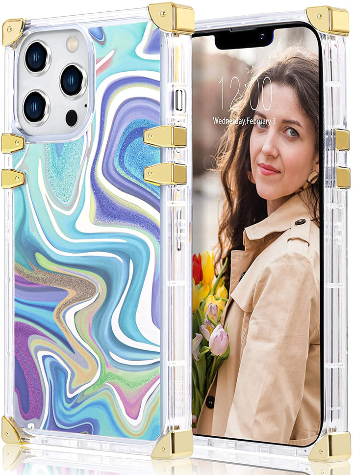 An Apple iPhone 13 Pro Max TPU case, rectangular-shaped, gold corner bumpers, clear trim, and blue-white-purple oil patterns. #color_oil-slick-rippling-blue