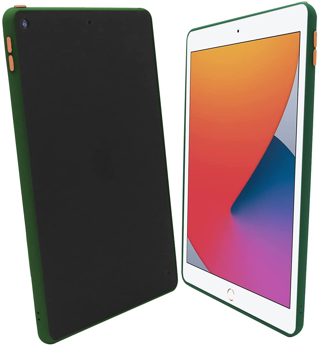 A slim cover made of TPU encasing an iPad 10.2. The back of the case is colored black with army-green borders. The iPad's volume and sleep buttons are encased in gold-color TPU.  #color_army-green