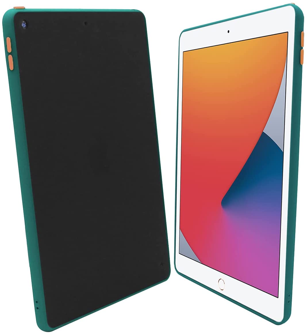 A slim cover made of TPU encasing an iPad 10.2. The back of the case is colored black with emerald-green borders. The iPad's volume and sleep buttons are encased in gold-color TPU.  #color_emerald-green