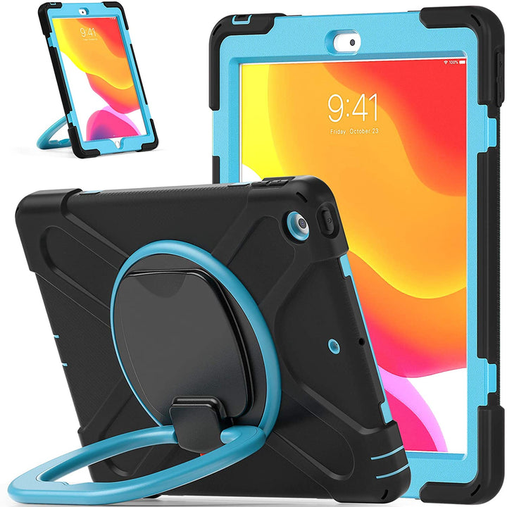 An Apple iPad case, made of black silicone and blue polymer, with a ring kickstand. The kickstand is extended to hold a tilted iPad.  #color_black-light-blue