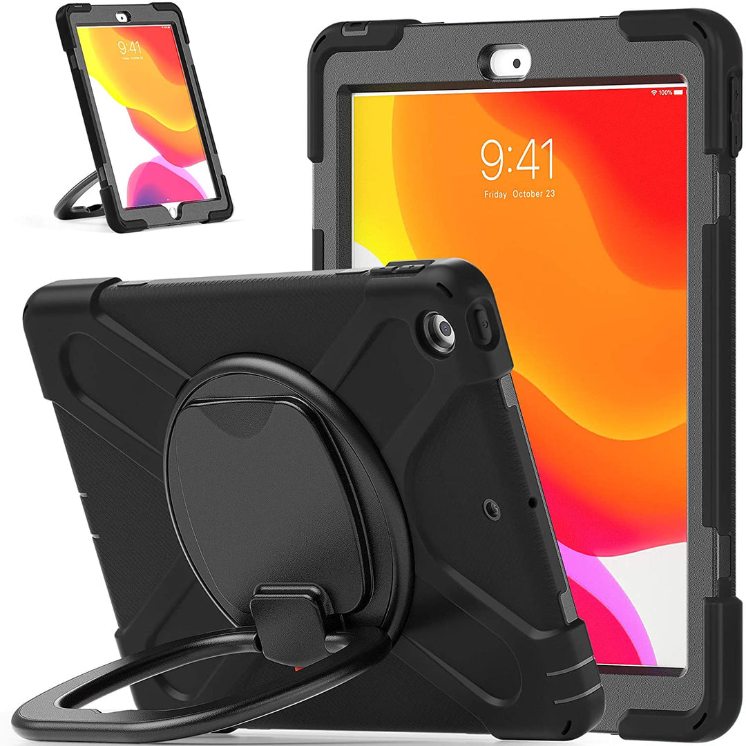 A black Apple iPad case, made of silicone and polymer, with a ring kickstand. The kickstand is extended to hold a tilted tablet.  #color_black-black