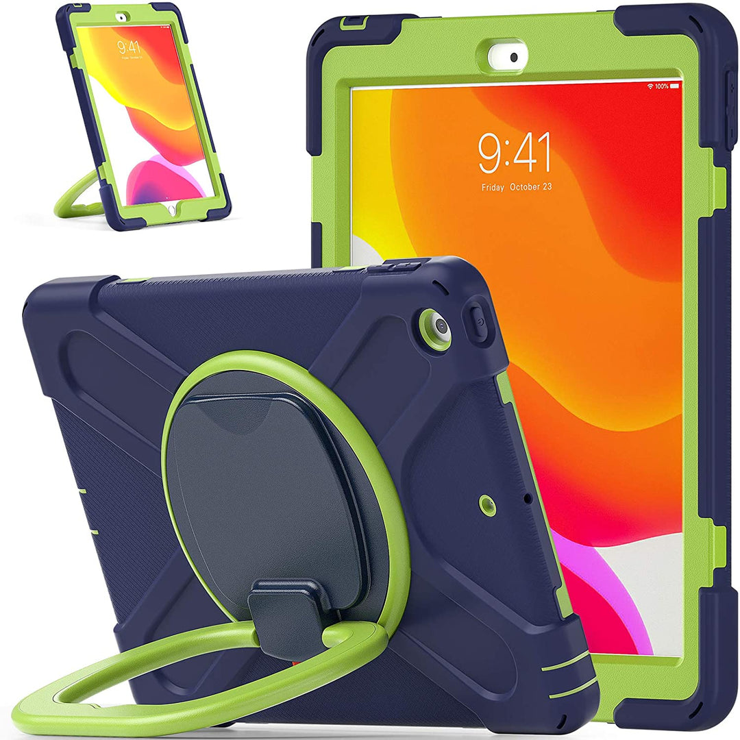 An Apple iPad case, made of blue silicone and green polymer, with a ring kickstand. The kickstand is extended to hold a tilted iPad.  #color_dark-blue-lime-green