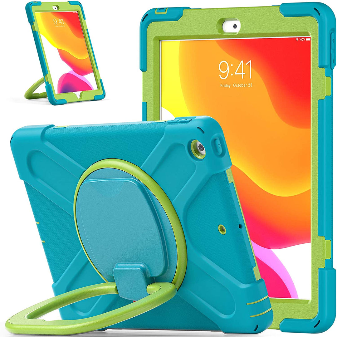 An Apple iPad case, made of teal silicone and green polymer, with a ring kickstand. The kickstand is extended to hold a tilted iPad.  #color_light-blue-lime-green