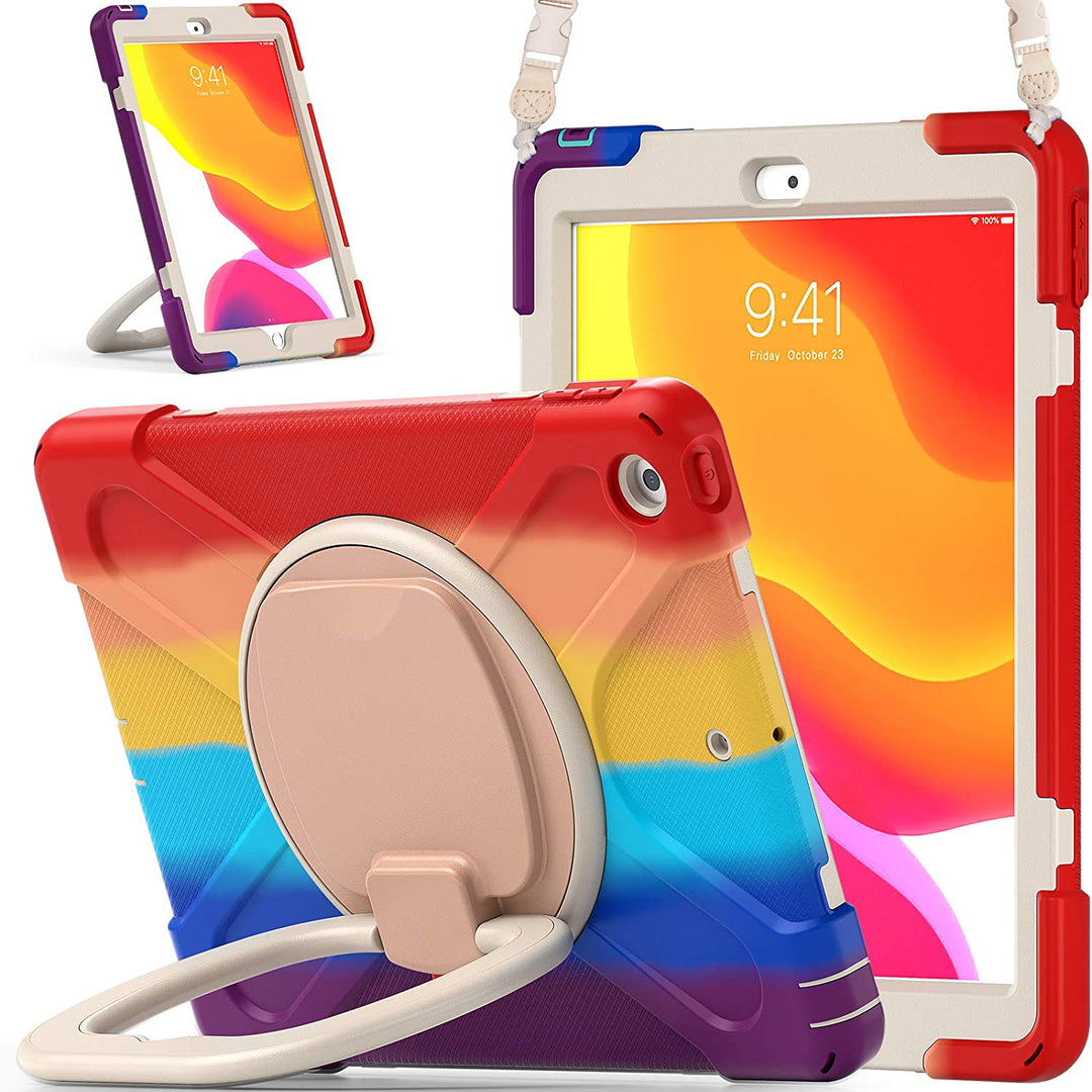 An Apple iPad case, made of rainbow-colored silicone and beige polymer, with a ring kickstand. The kickstand is extended to hold a tilted iPad.  #color_rainbow