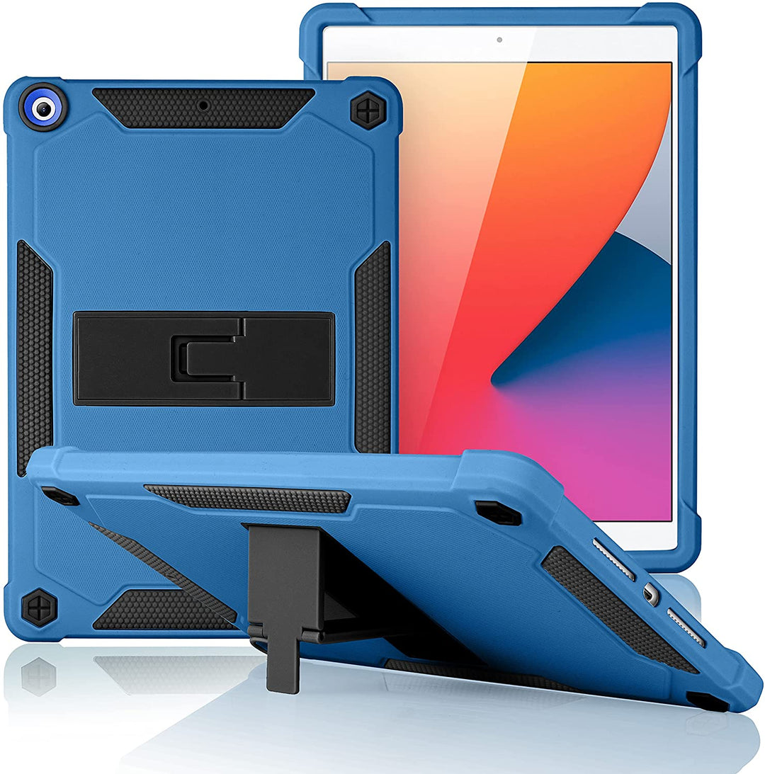 A slim cover made of black-and-blue silicone encasing an iPad 10.2. The cover has an integrated polymer kickstand. The kickstand is extended to hold the case and iPad in a tilted landscape position.  #color_black-dark-blue