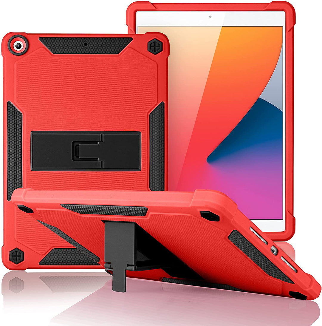 A slim cover made of black and red silicone encasing an iPad 10.2. The cover has an integrated polymer kickstand. The kickstand is extended to hold the case and iPad in a tilted landscape position. #color_black-red