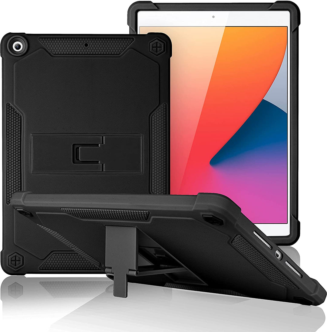 A slim cover made of black silicone encasing an iPad 10.2. The cover has an integrated polymer kickstand. The kickstand is extended to hold the case and iPad in a tilted landscape position. #color_black-black