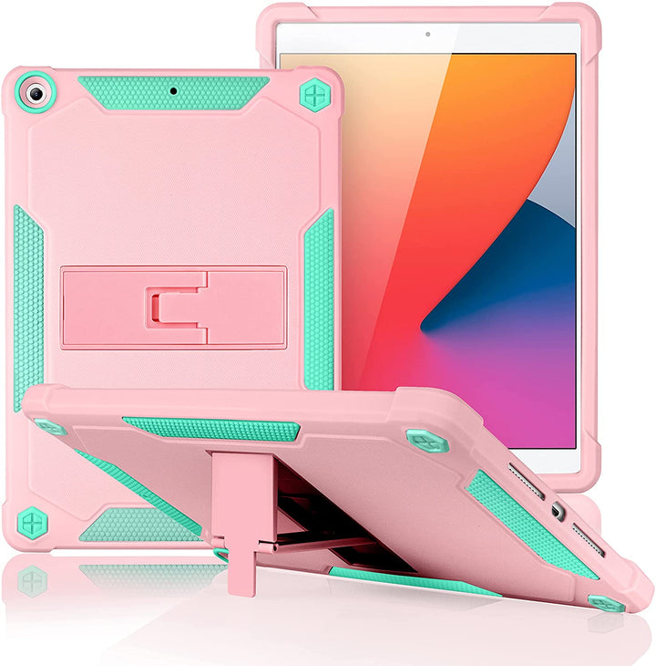 A slim cover made of light blue and coral-colored silicone encasing an iPad 10.2. The cover has an integrated polymer kickstand. The kickstand is extended to hold the case and iPad in a tilted landscape position.  #color_light-blue-coral-pink