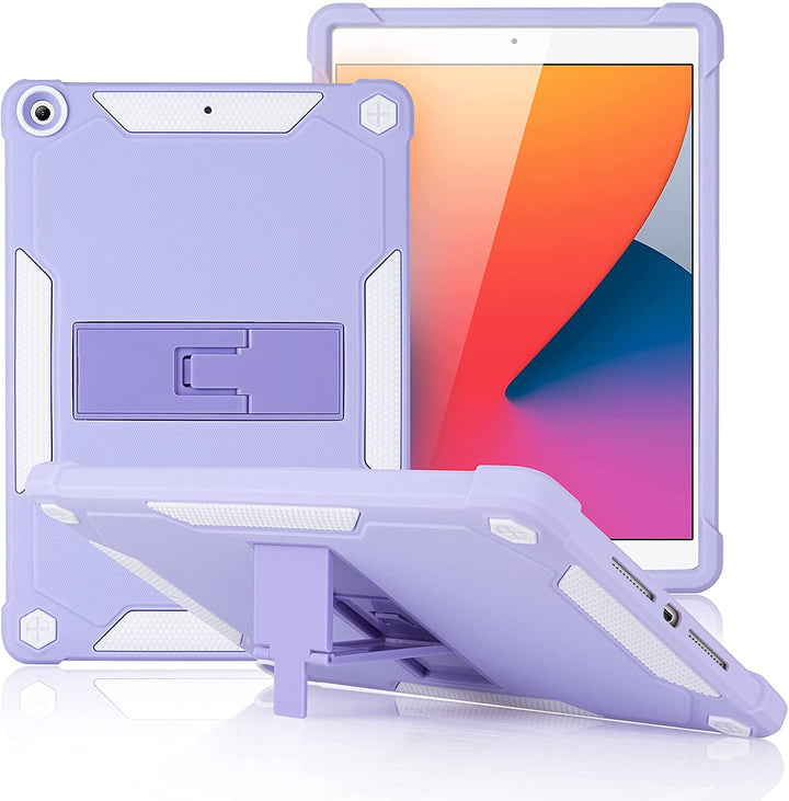 A slim cover made of white and purple silicone encasing an iPad 10.2. The cover has an integrated polymer kickstand. The kickstand is extended to hold the case and iPad in a tilted landscape position.  #color_white-purple