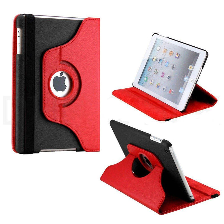 An Apple iPad case, made of black polymer and red synthetic leather. The iPad is tilted and propped in a landscape position by the case. #color_black-red