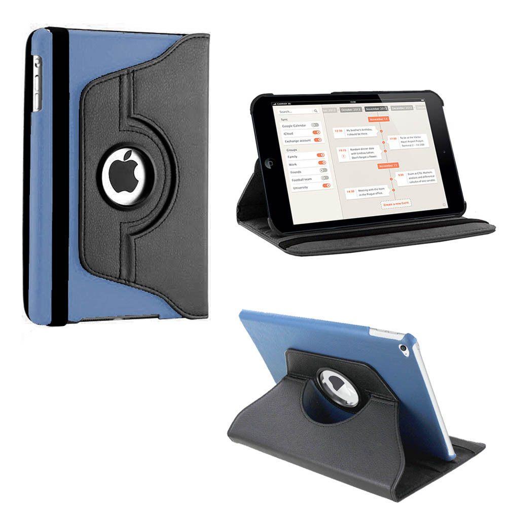 An Apple iPad case, made of blue polymer and black synthetic leather. The iPad is tilted and propped in a landscape position by the case. #color_black-dark-blue