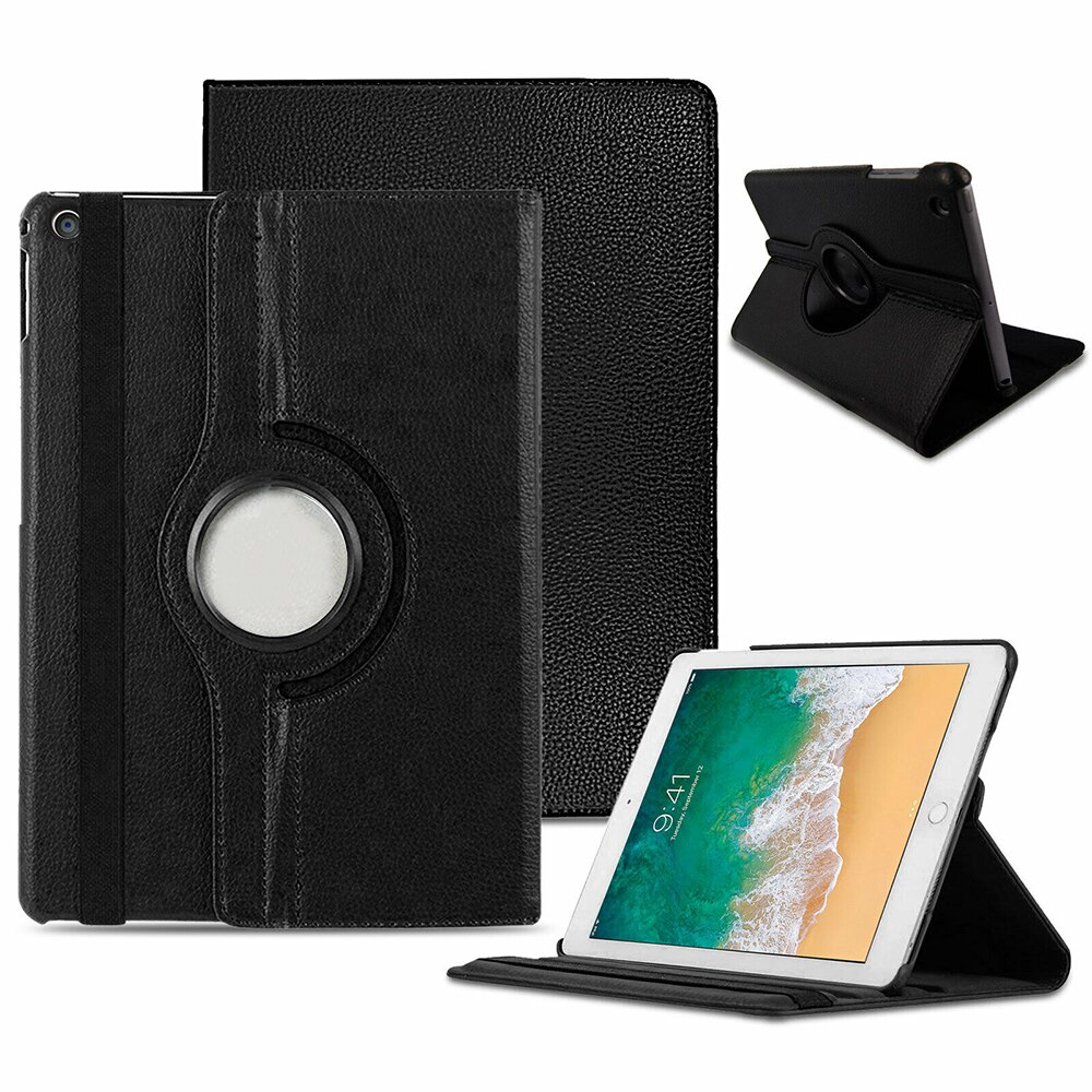 An Apple iPad case, made of black polymer and synthetic leather. The iPad is tilted and propped in a landscape position by the case. #color_black