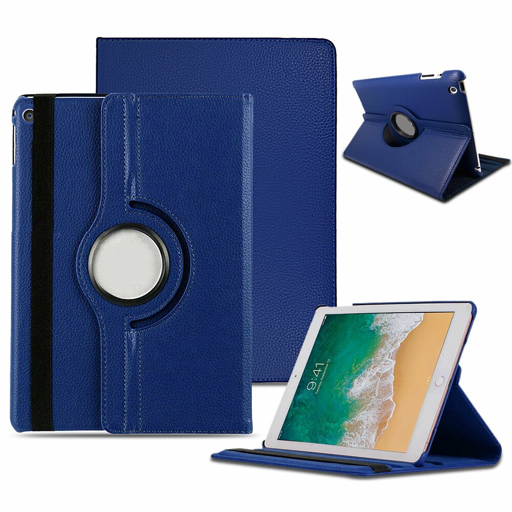 An Apple iPad case, made of blue polymer and synthetic leather. The iPad is tilted and propped in a landscape position by the case. #color_dark-blue