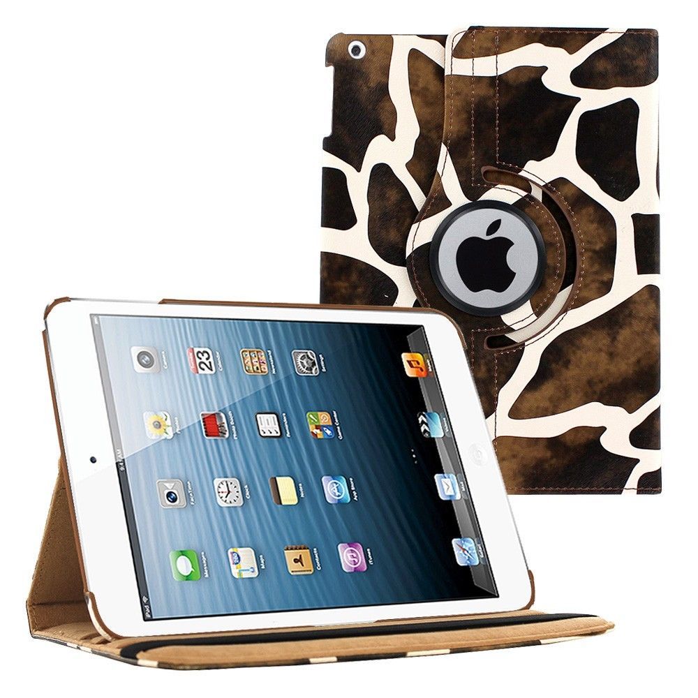 A brown-white giraffe patterned Apple iPad case, made of polymer and synthetic leather. The iPad is tilted and propped in a landscape position by the case. #color_giraffe