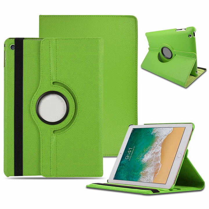 An Apple iPad case, made of green polymer and synthetic leather. The iPad is tilted and propped in a landscape position by the case.  #color_green