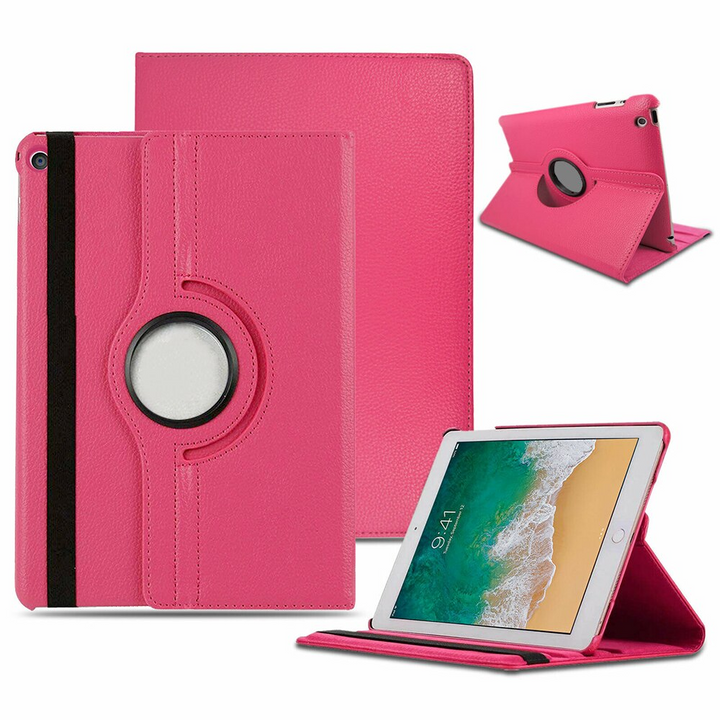 An Apple iPad case, made of pink polymer and synthetic leather. The iPad is tilted and propped in a landscape position by the case. #color_hot-pink