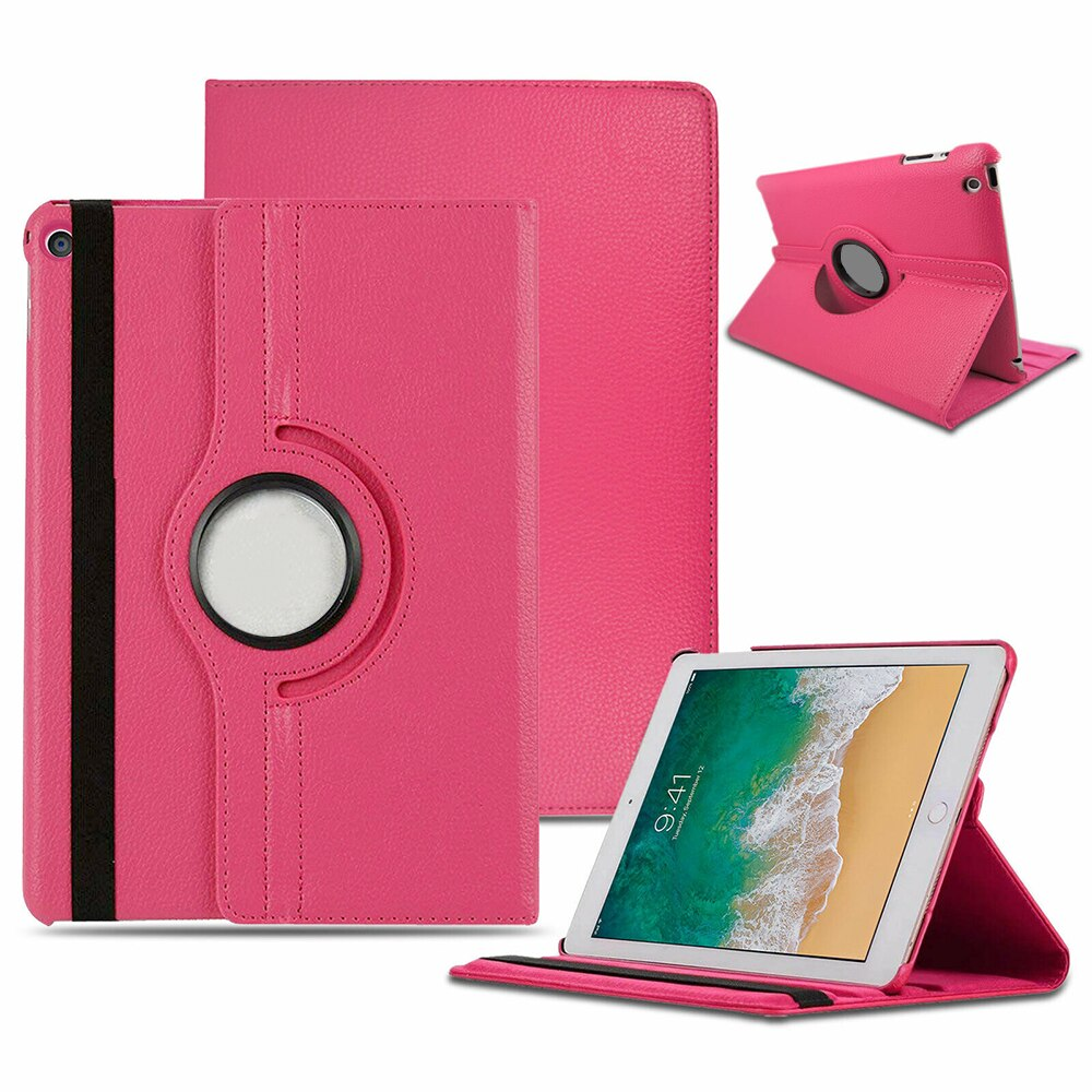 An Apple iPad case, made of pink polymer and synthetic leather. The iPad is tilted and propped in a landscape position by the case. #color_hot-pink