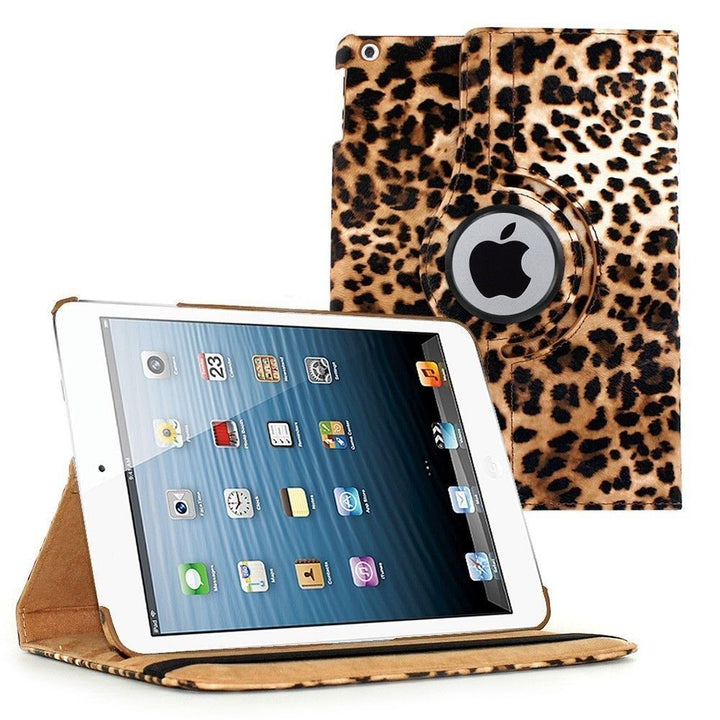A leopard patterned Apple iPad case, made of polymer and synthetic leather. The iPad is tilted and propped in a landscape position by the case. #color_leopard