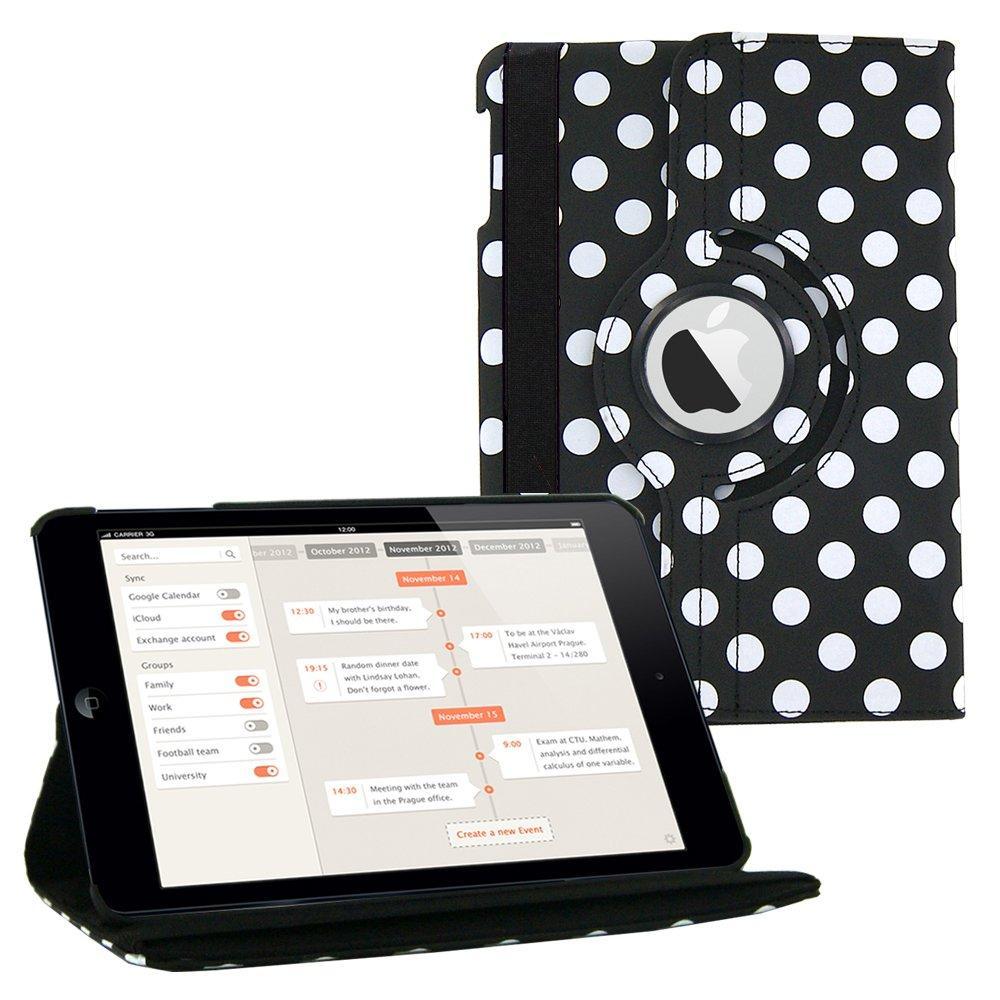 A black polka dot patterned Apple iPad case, made of polymer and synthetic leather. The iPad is tilted and propped in a landscape position by the case.  #color_polka-dot-black