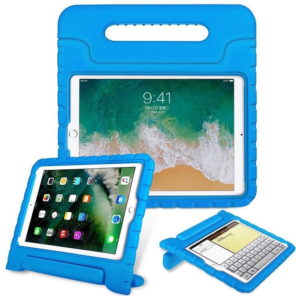 A blue EVA foam case housing an iPad 10.2. Its integrated kickstand handle is used to hold the iPad upright and tilted in a landscape position. #color_blue