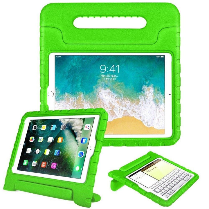 A green EVA foam case housing an iPad 10.2. Its integrated kickstand handle is used to hold the iPad upright and tilted in a landscape position. #color_green