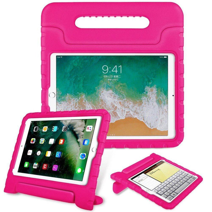 A hot pink EVA foam case housing an iPad 10.2. Its integrated kickstand handle is used to hold the iPad upright and tilted in a landscape position. #color_hot-pink
