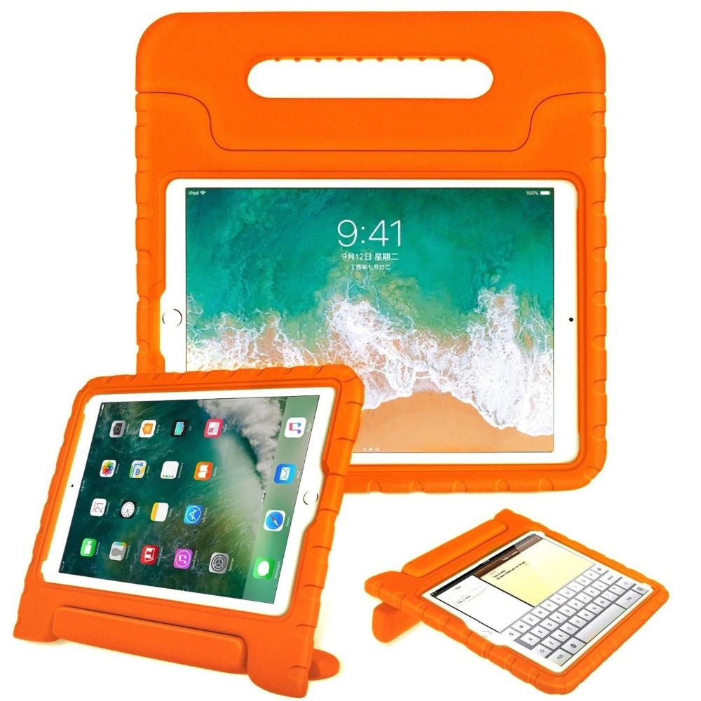 An orange EVA foam case housing an iPad 10.2. Its integrated kickstand handle is used to hold the iPad upright and tilted in a landscape position. #color_orange