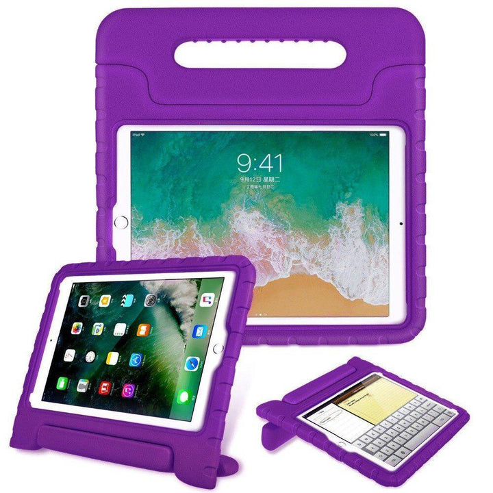 A purple EVA foam case housing an iPad 10.2. Its integrated kickstand handle is used to hold the iPad upright and tilted in a landscape position. #color_purple