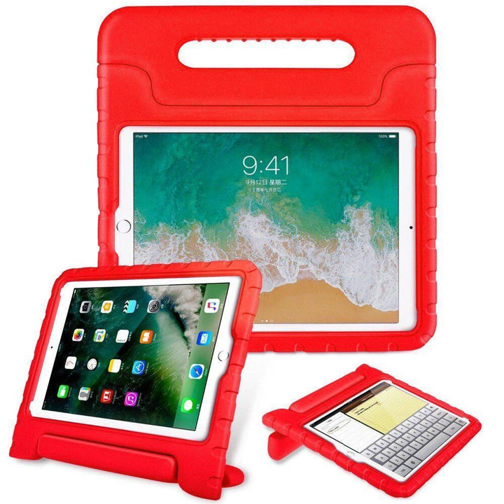 A red EVA foam case housing an iPad 10.2. Its integrated kickstand handle is used to hold the iPad upright and tilted in a landscape position. #color_red