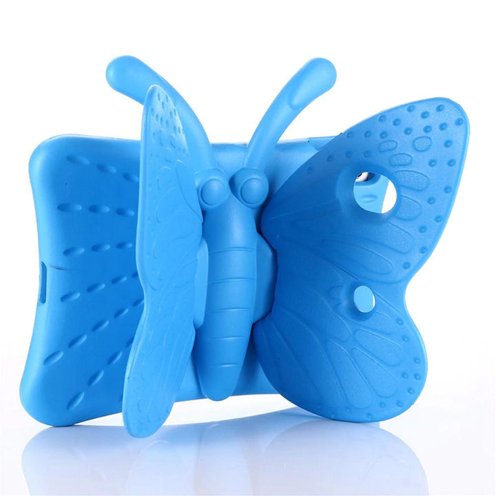 A light-blue-foam tablet case and a large butterfly, with wings and antenna, projected outwardly in the back. The butterfly wings are used as a stand to prop the tablet up.#color_light-blue