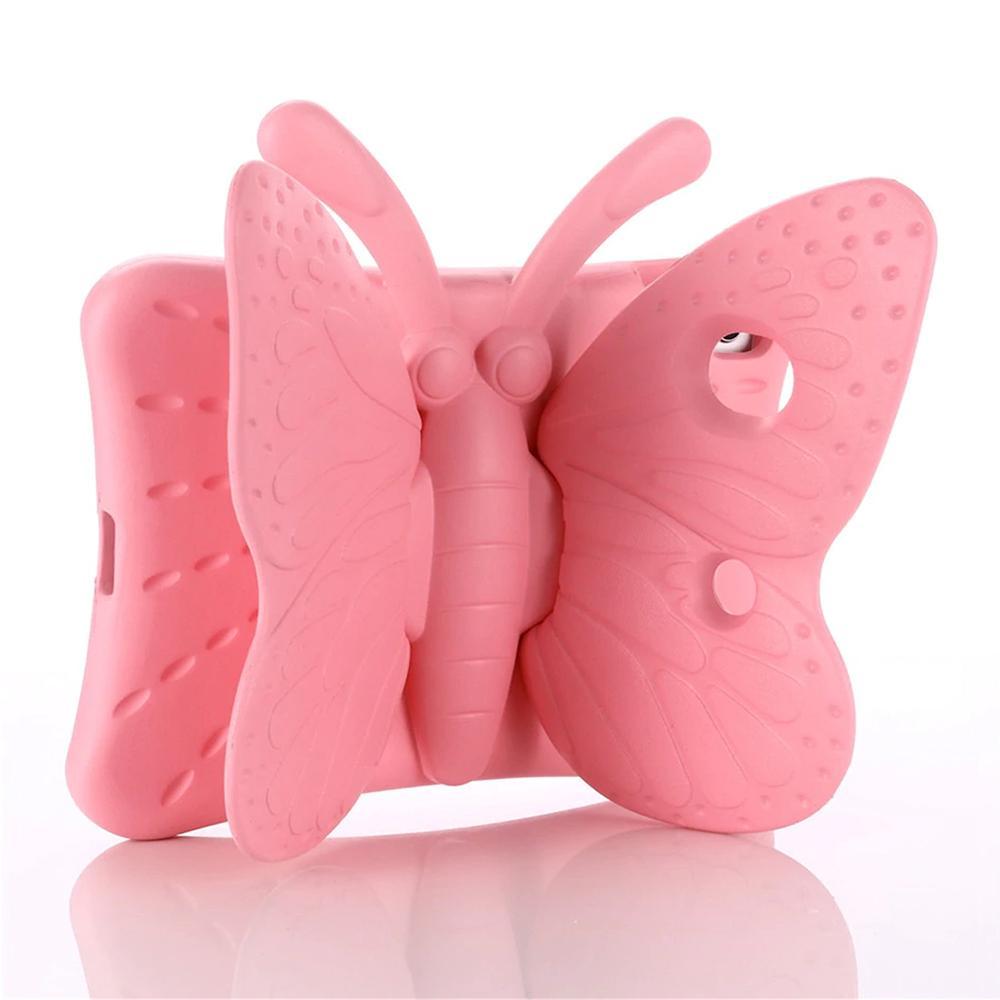 A light-pink-foam tablet case and a large butterfly, with wings and antenna, projected outwardly in the back. The butterfly wings are used as a stand to prop the tablet up.#color_light-pink
