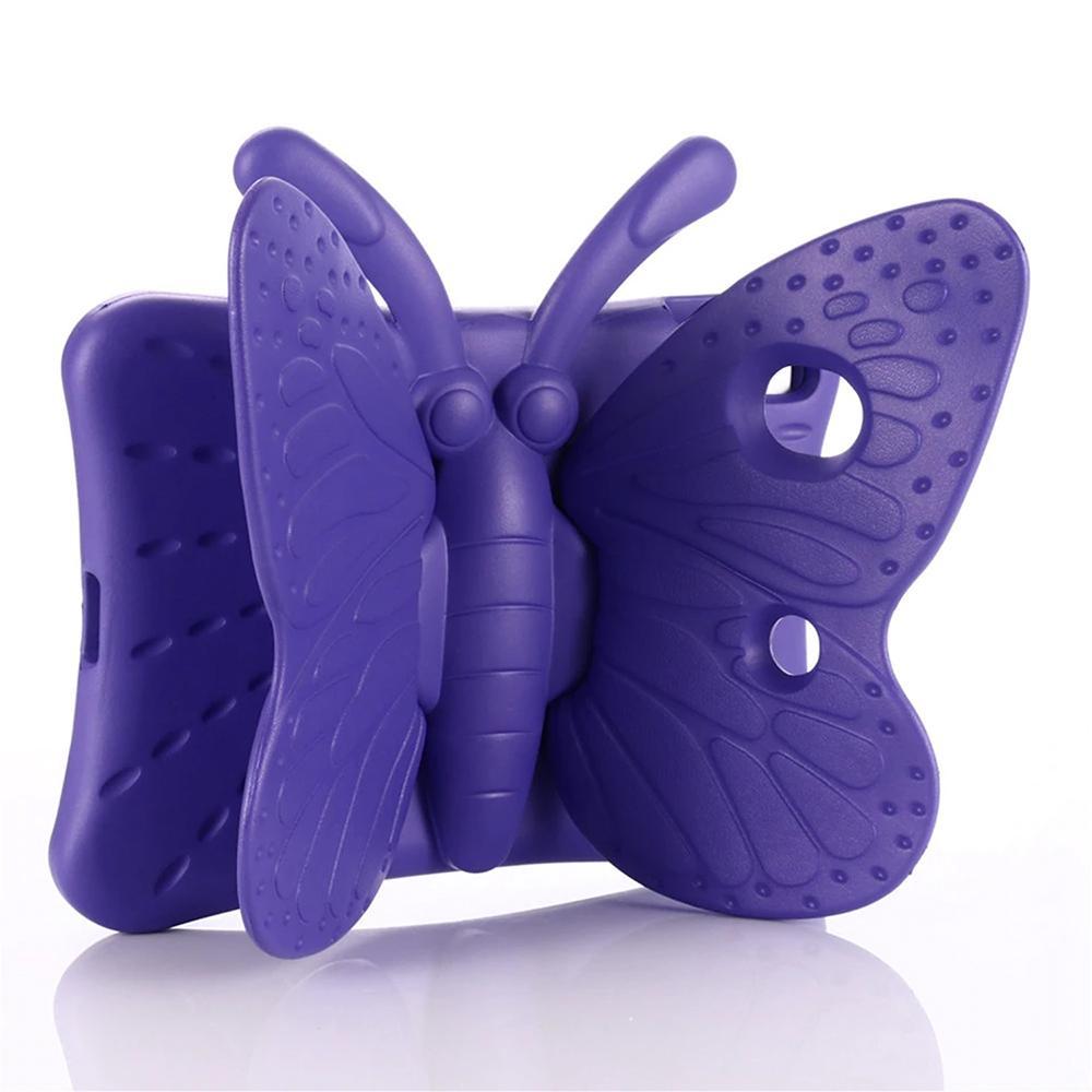 A purple-foam tablet case and a large butterfly, with wings and antenna, projected outwardly in the back. The butterfly wings are used as a stand to prop the tablet up.#color_purple