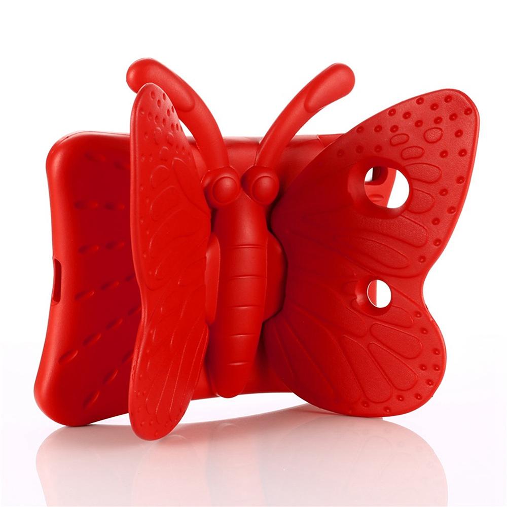 A red-foam tablet case and a large butterfly, with wings and antenna, projected outwardly in the back. The butterfly wings are used as a stand to prop the tablet up.#color_red