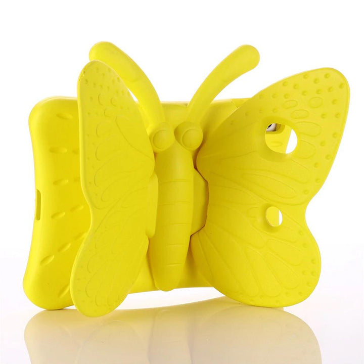 A yellow-foam tablet case and a large butterfly, with wings and antenna, projected outwardly in the back. The butterfly wings are used as a stand to prop the tablet up.#color_yellow