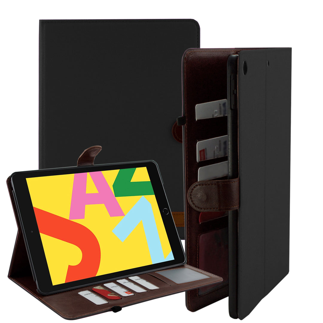 A bifolding portfolio case encases an iPad 10.2. The outer layer is of black canvas. The inner layer is made of brown synthetic leather. The inner layer houses 5 credit cards and a transparent identification holster. The iPad is held in a titled-landscape position by the portfolio case. #color_black
