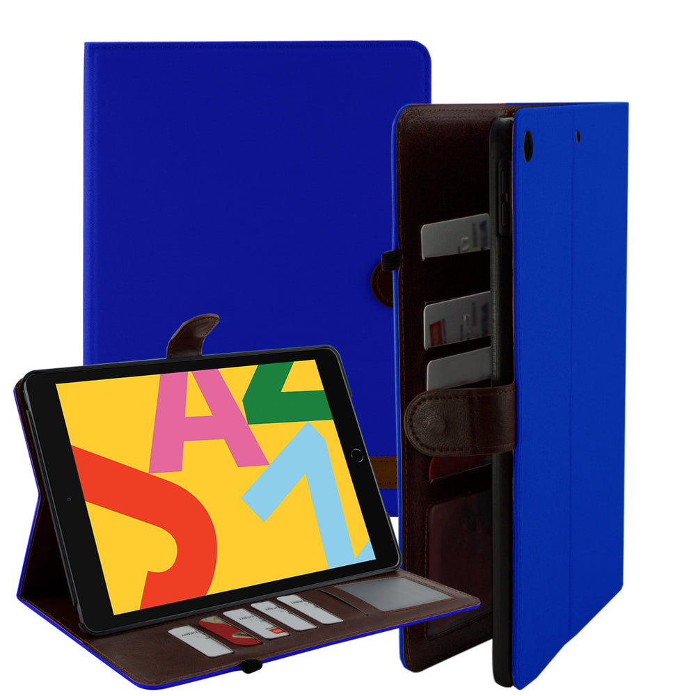 A bifolding portfolio case encases an iPad 10.2. The outer layer is of blue canvas. The inner layer is made of brown synthetic leather. The inner layer houses 5 credit cards and a transparent identification holster. The iPad is held in a titled-landscape position by the portfolio case. #color_dark-blue