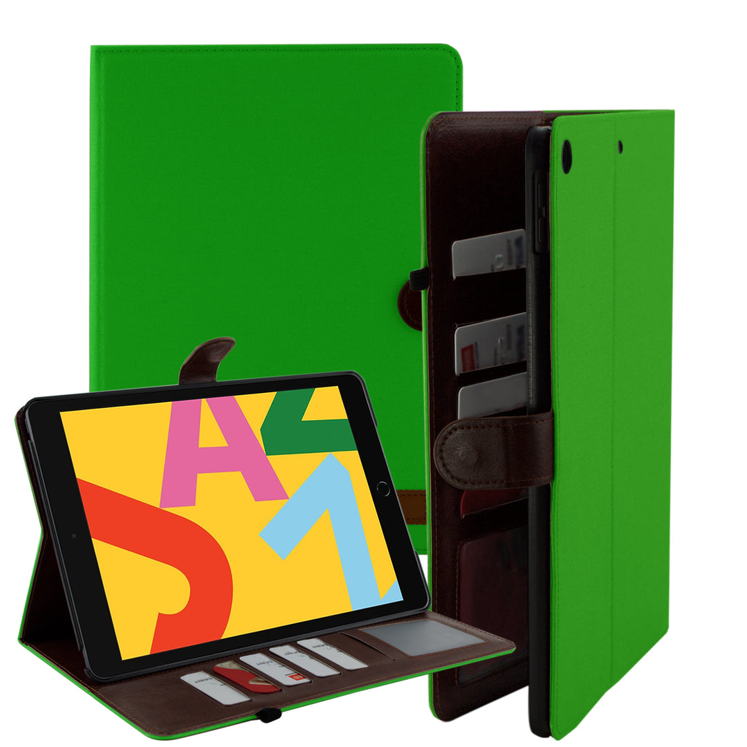 A bifolding portfolio case encases an iPad 10.2. The outer layer is of green canvas. The inner layer is made of brown synthetic leather. The inner layer houses 5 credit cards and a transparent identification holster. The iPad is held in a titled-landscape position by the portfolio case. #color_green