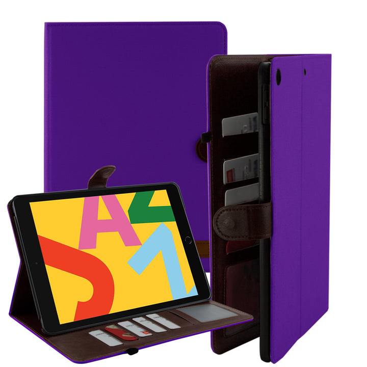 A bifolding portfolio case encases an iPad 10.2. The outer layer is of purple canvas. The inner layer is made of brown synthetic leather. The inner layer houses 5 credit cards and a transparent identification holster. The iPad is held in a titled-landscape position by the portfolio case. #color_purple