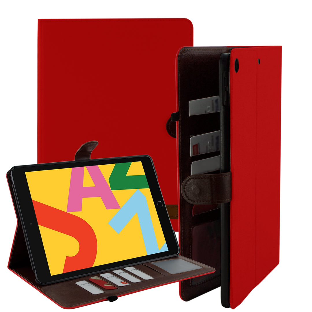 A bifolding portfolio case encases an iPad 10.2. The outer layer is of red canvas. The inner layer is made of brown synthetic leather. The inner layer houses 5 credit cards and a transparent identification holster. The iPad is held in a titled-landscape position by the portfolio case. #color_red