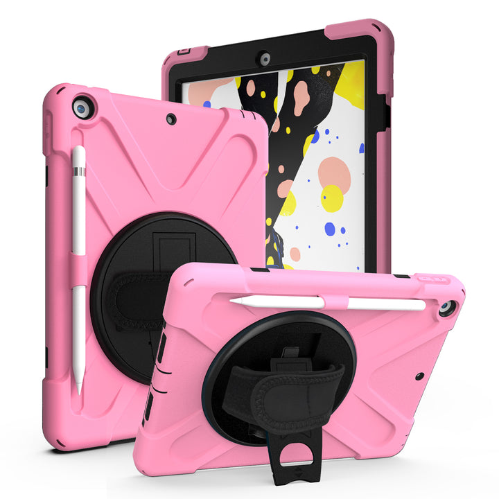 A light pink Shield case made of black polymer and light pink silicone encasing an iPad 10.2. The Shield case has an integrated Apple Pencil holder with a hand strap and kickstand. The kickstand is extended to hold the case and iPad in a tilted position. #color_light-pink