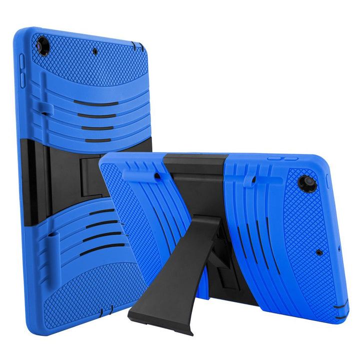 A blue tablet case, made of silicone and polymer, with a kickstand. The kickstand is extended to hold a tilted tablet. #color_blue