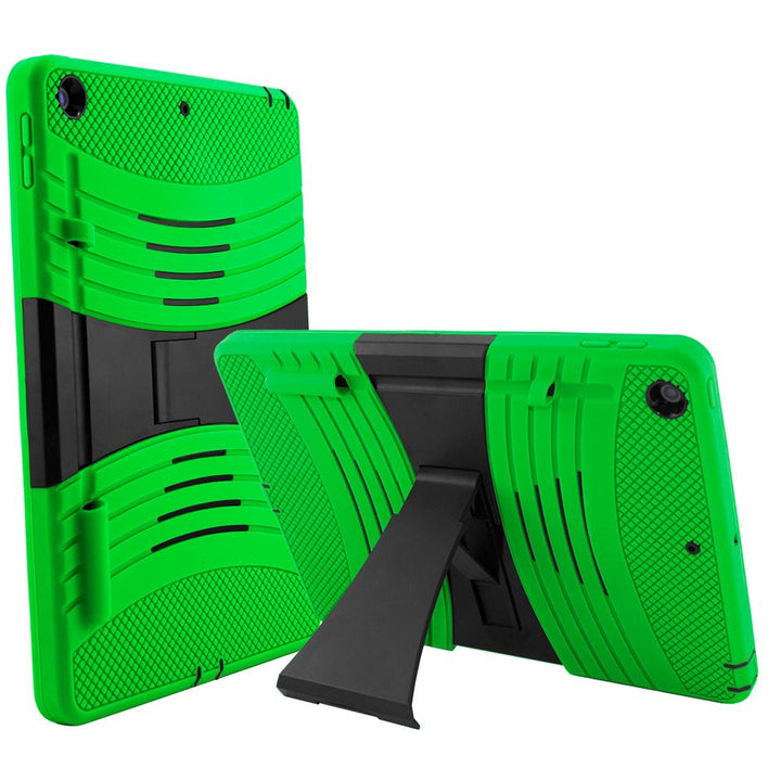 A green tablet case, made of silicone and polymer, with a kickstand. The kickstand is extended to hold a tilted tablet. #color_green