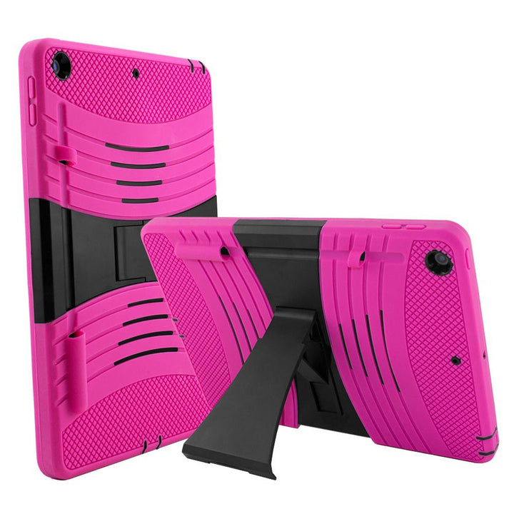 A pink tablet case, made of silicone and polymer, with a kickstand. The kickstand is extended to hold a tilted tablet. #color_hot-pink