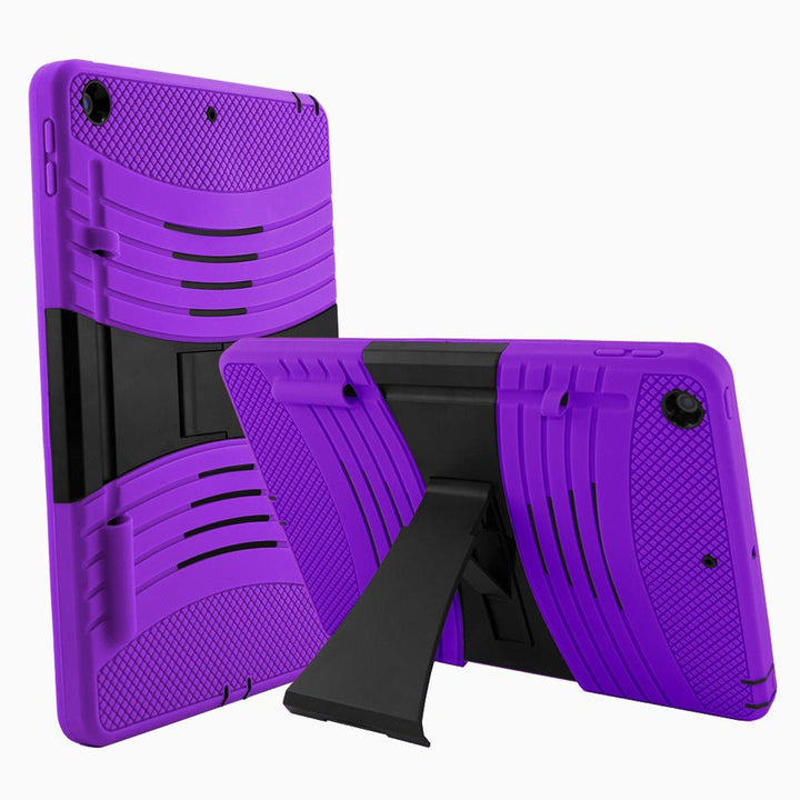 A purple tablet case, made of silicone and polymer, with a kickstand. The kickstand is extended to hold a tilted tablet.  #color_purple